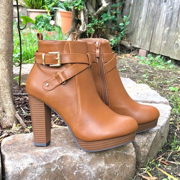 Cognac Tan Vegan Leather Buckle Ankle Boots - Picture 4 of 12